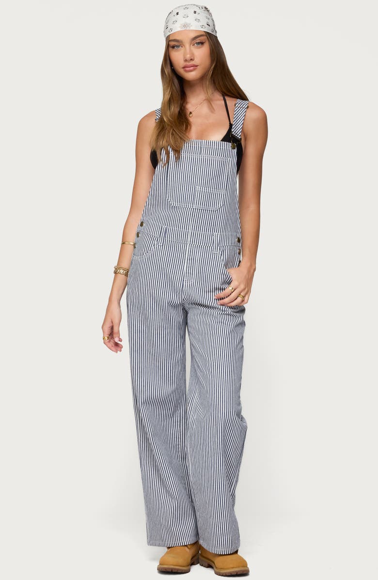EDIKTED Tamsin Stripe Denim Overalls, Alternate, color, Navy-And-White