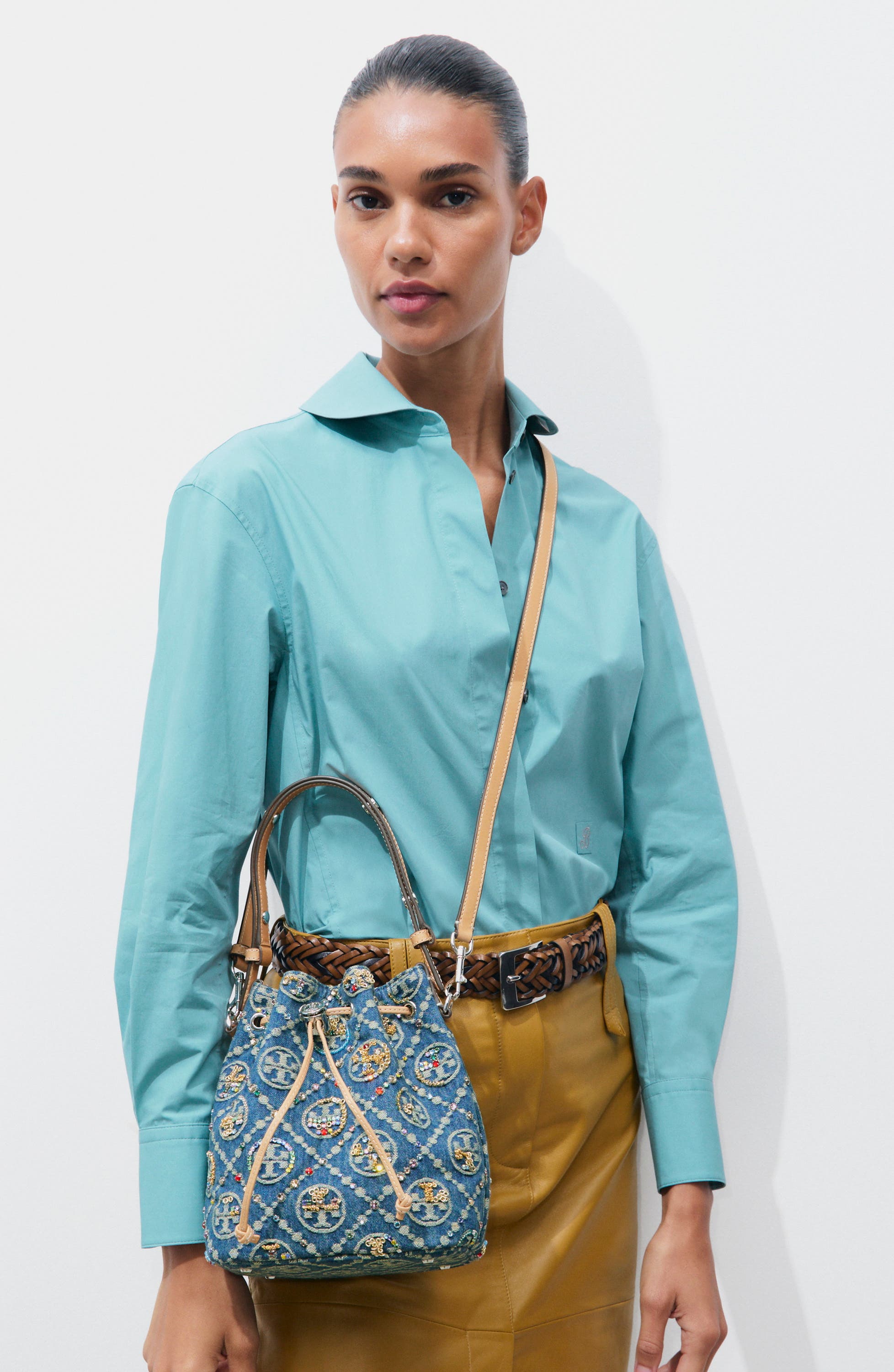 T Monogram Embellished Denim Bucket Bag, Alternate, color, BOAT HOUSE