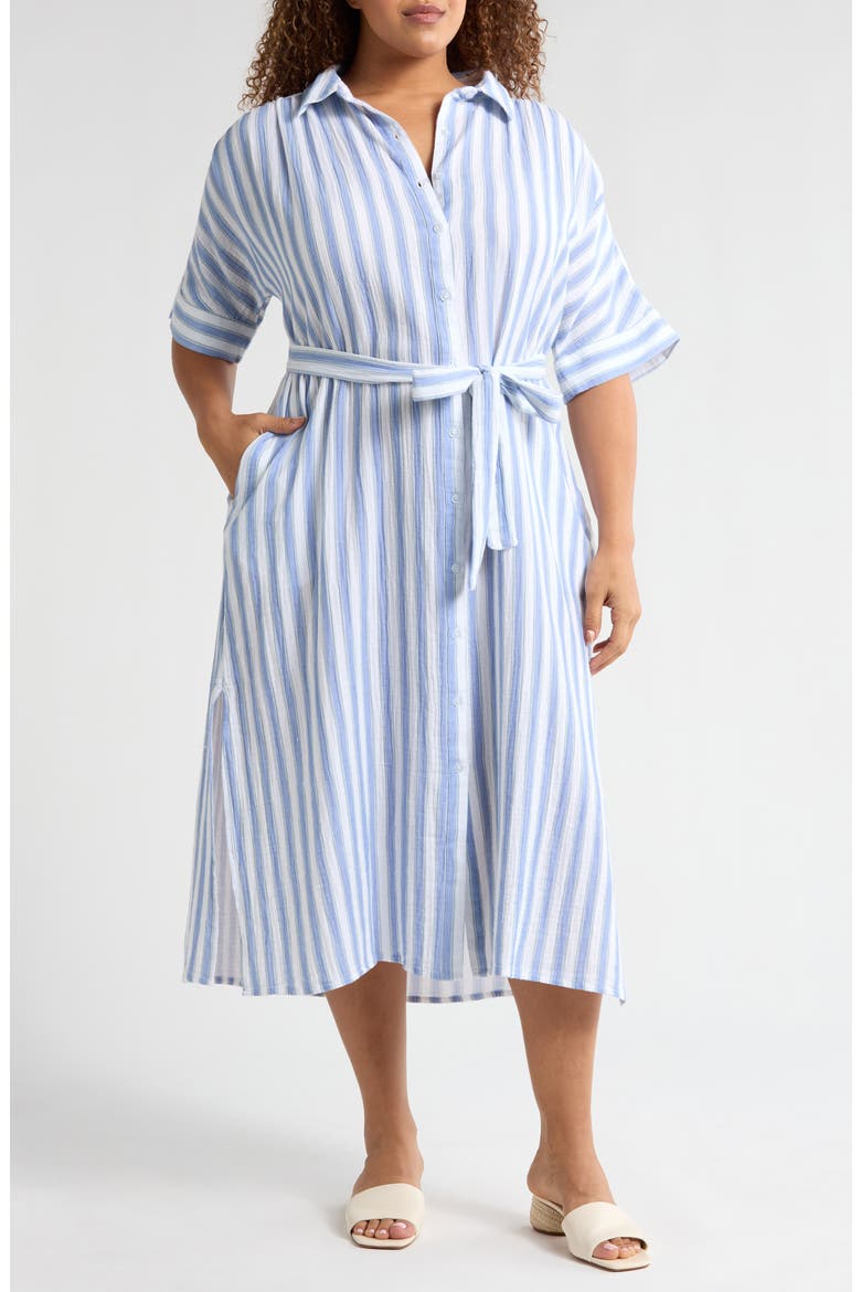 Belted Stripe Maxi Shirtdress, Main, color, WHITE- BLUE FRIDA STRIPE