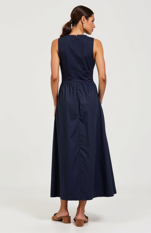Modenaire Sleeveless Crewneck Midi Dress With Gathered Waist And Pockets In Navy Blue