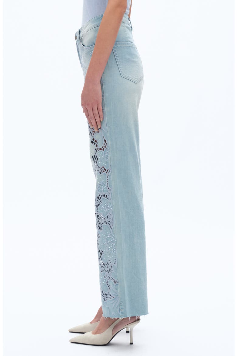 Crystal Embroidered Raw Hem High Waist Relaxed Straight Leg Jeans, Alternate, color, LIGHT BLUE