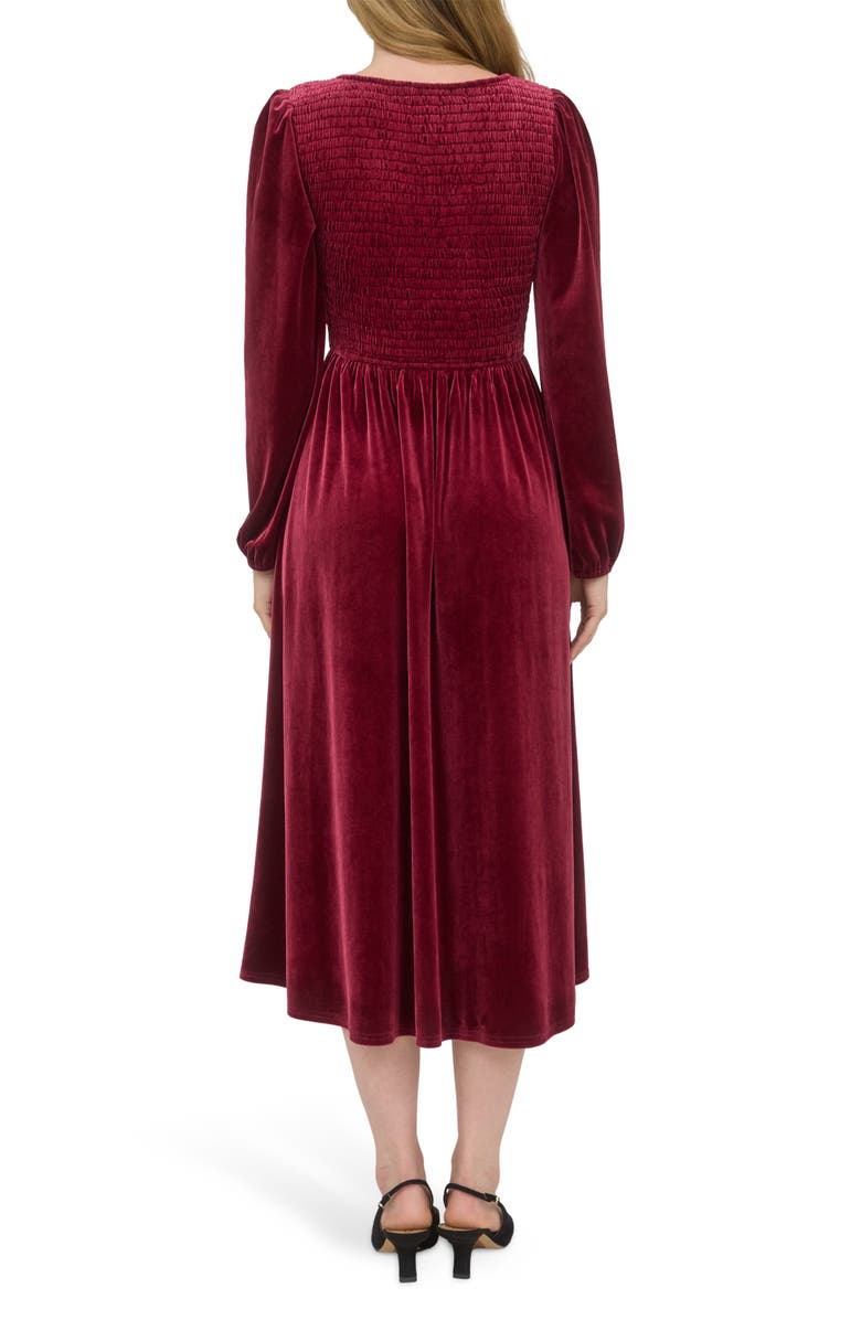 AUGUST SKY Long Sleeve Smocked Velvet Midi Dress, Alternate, color, Burgundy