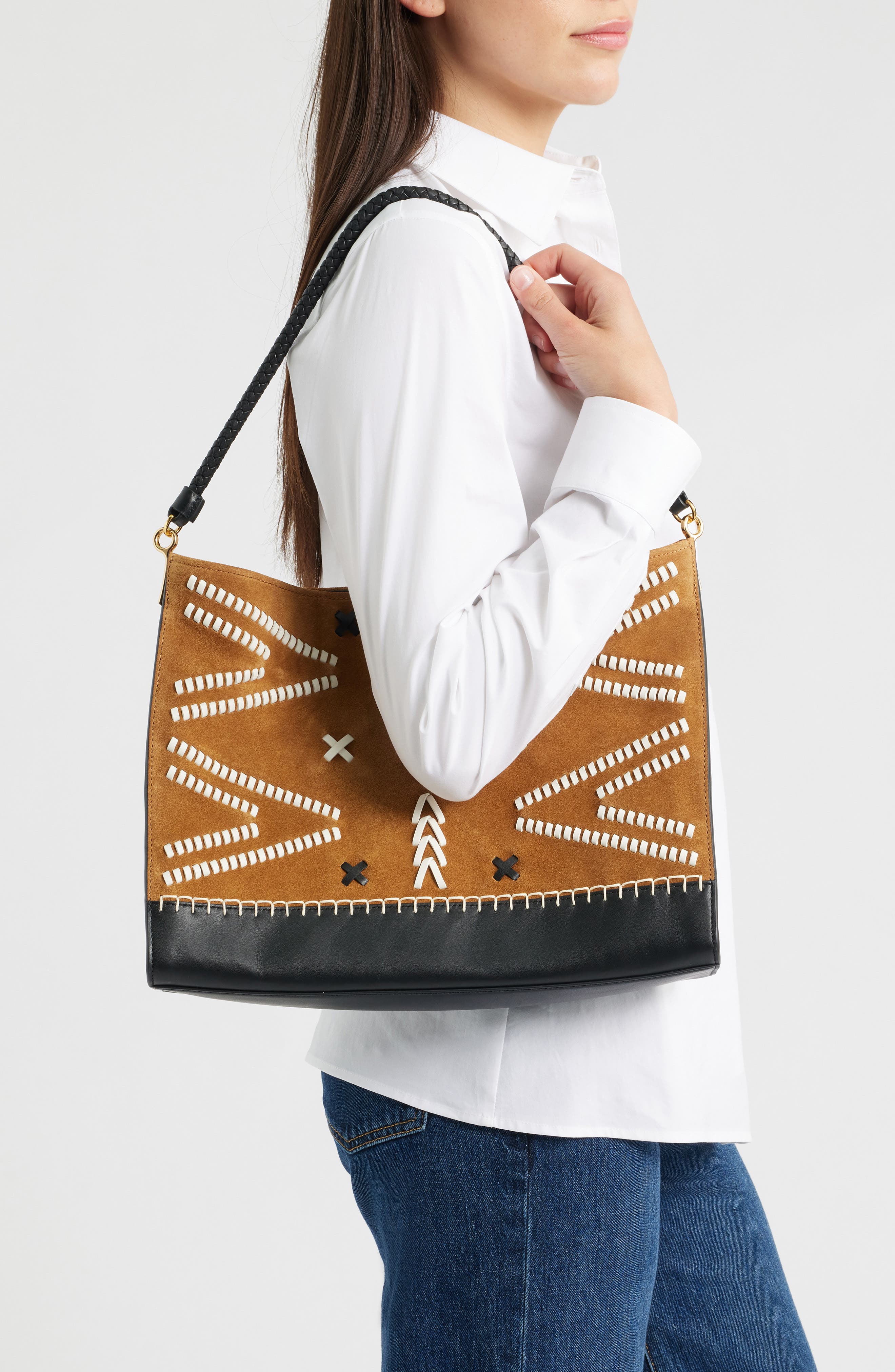 Veronica Motif Suede & Leather Hobo, Alternate, color, ACORN MULTI