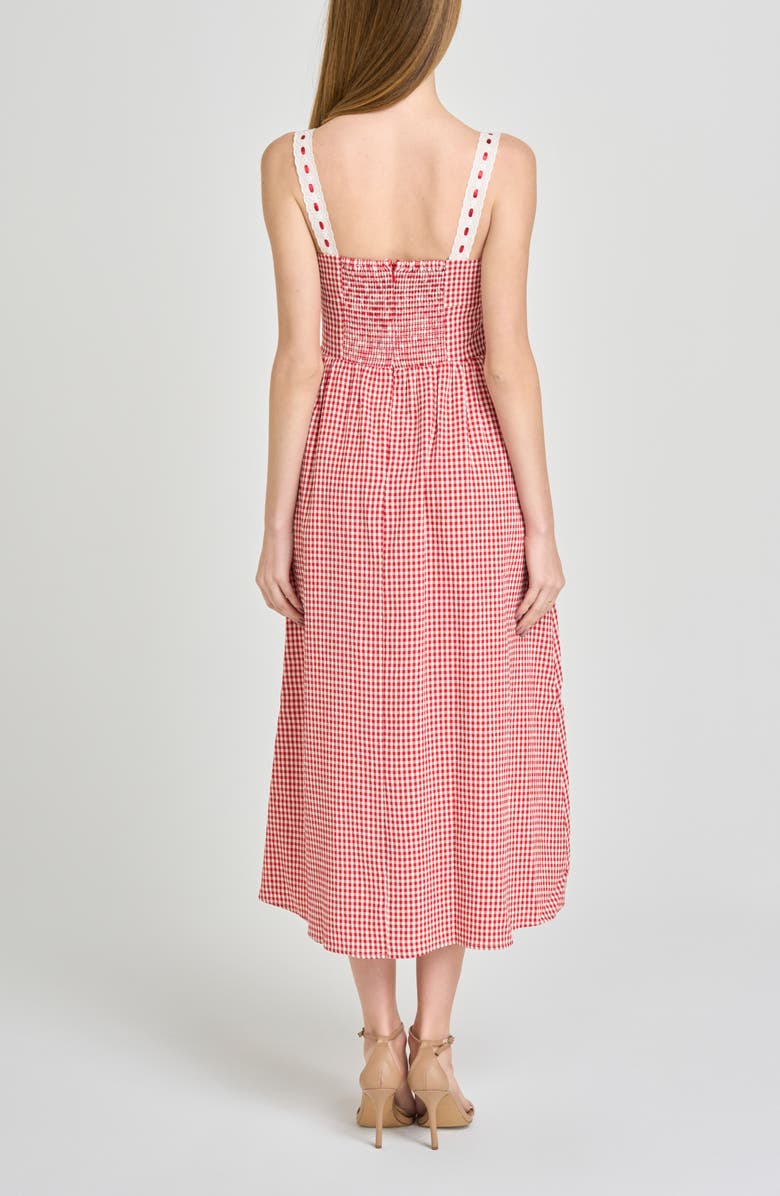 WAYF Lilibet Gingham Lace Trim Midi Dress, Alternate, color, Red