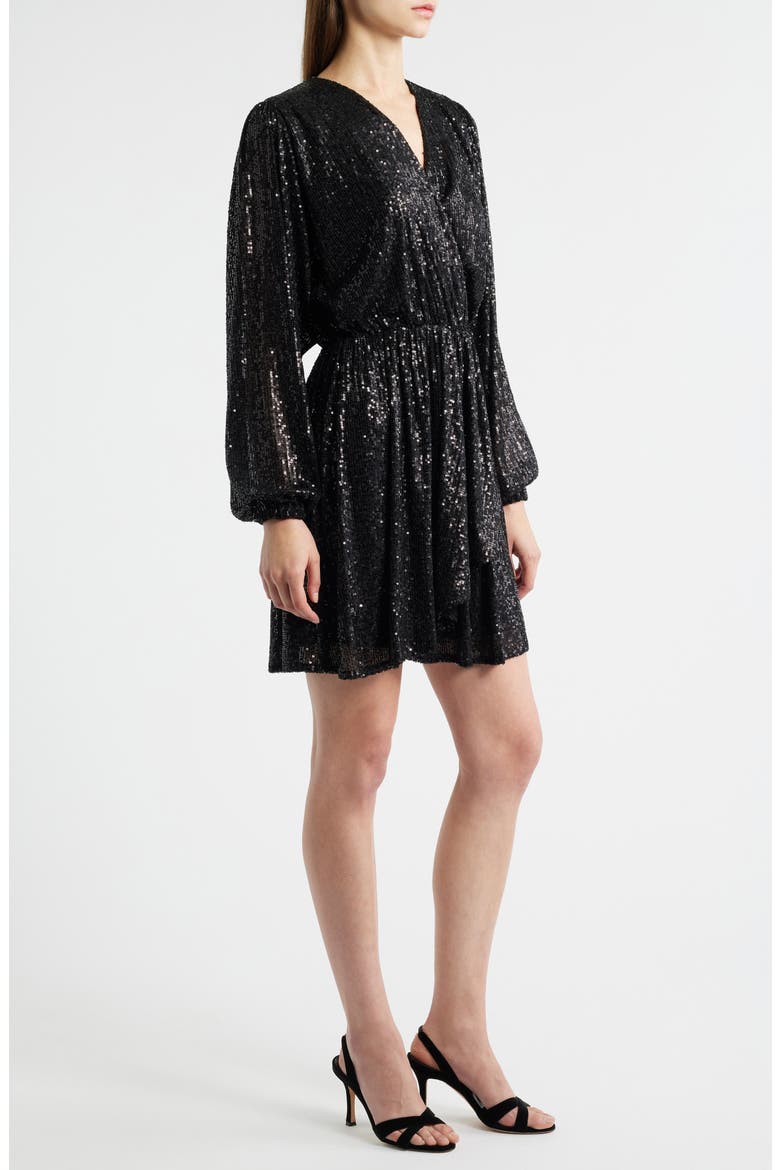 Dillio Sequin Mesh Long Sleeve Cocktail Dress, Alternate, color, BLK