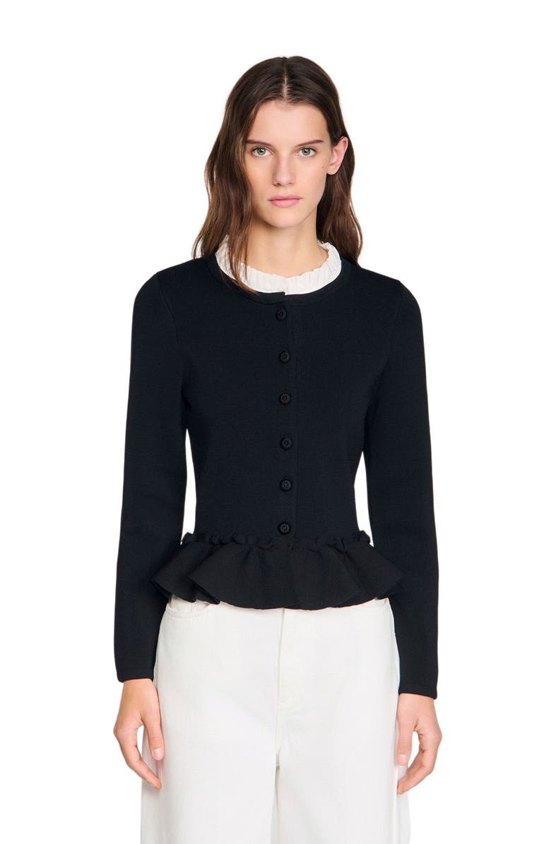 SANDRO Removable collar peplum cardigan, Main, color, Black