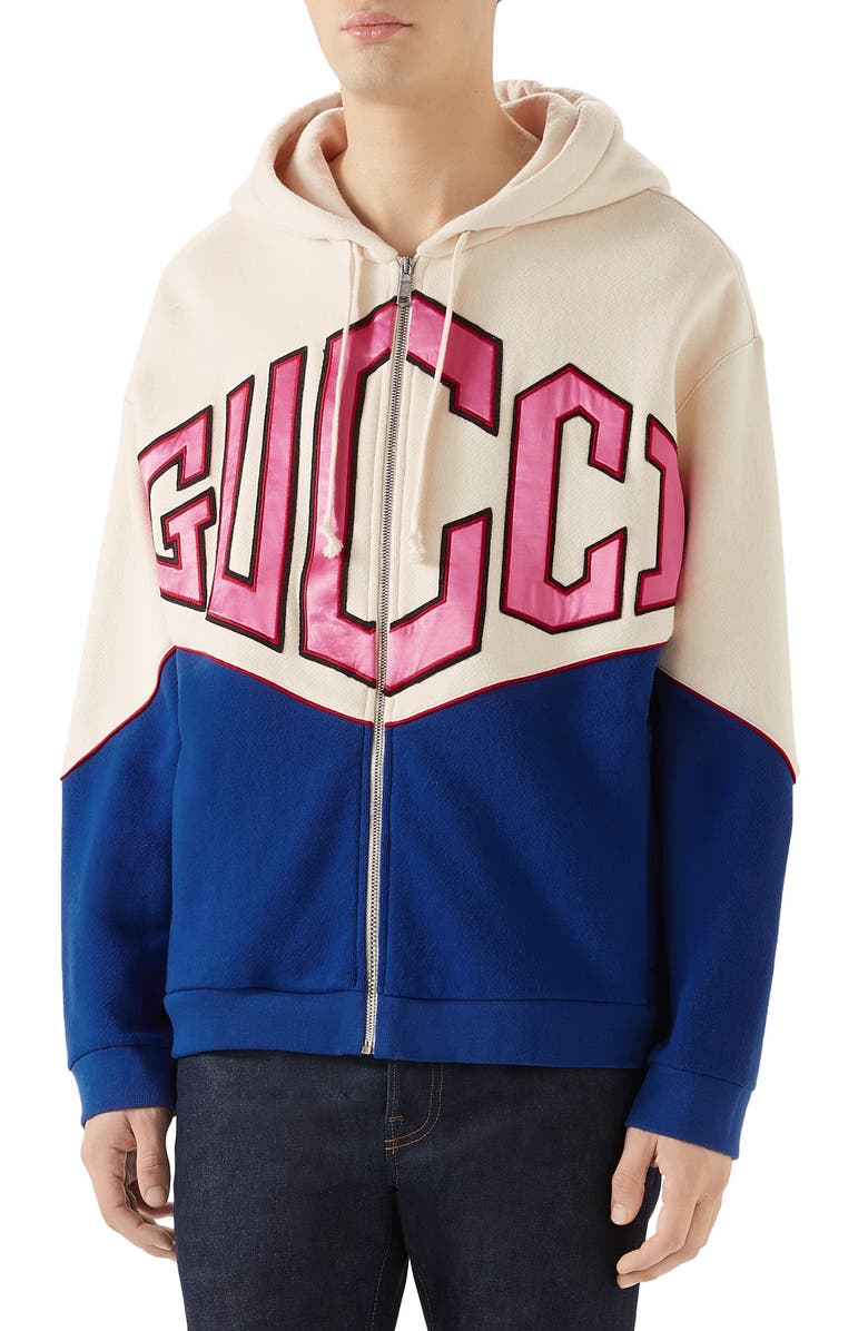 Gucci Game Logo Felted Cotton Jersey Zip Hoodie, Main, color,