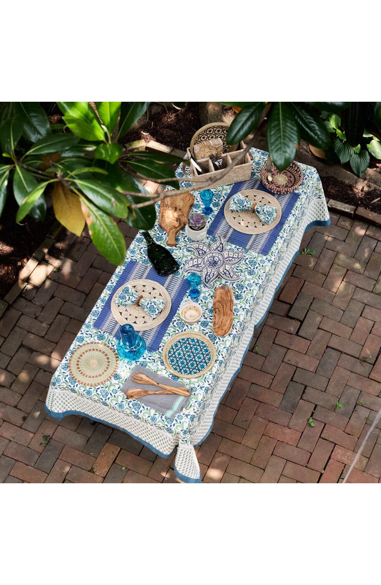 Ten Thousand Villages Sharan Floral Block Print Tablecloth, Alternate, color, Teal