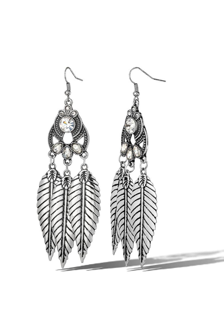Crystal Leaf Drop Statement Earrings, Main, color, Silver