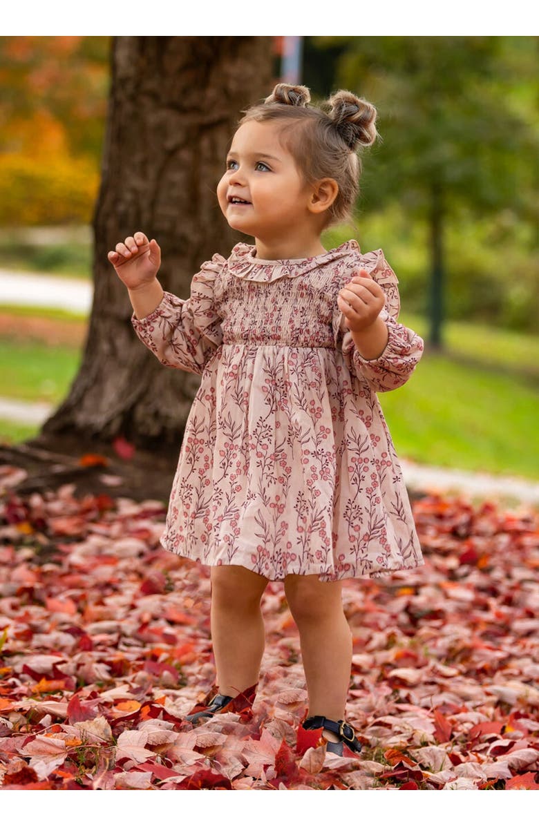 Mabel + Honey Mabel and Honey Girls' Long-Sleeve Autumn Floral Dress, Ruffled Collar and Smocked Front, Brown., Alternate, color, Brown