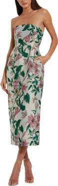 Mac Duggal Floral Brocade Strapless Fitted Midi Dress