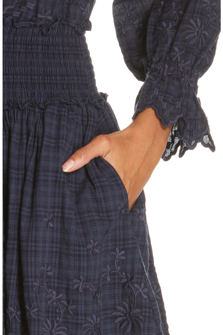 Embroidered Check Print Dress, Alternate, color, MIDNIGHT NAVY
