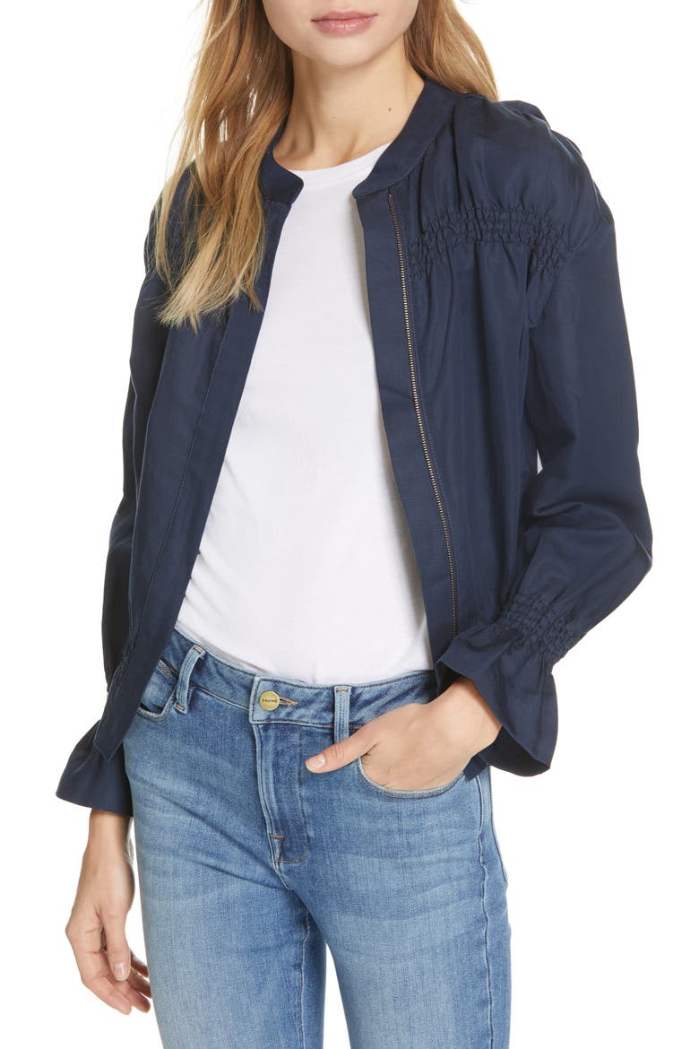 Smocked Zip Front Jacket, Main, color, NAVY