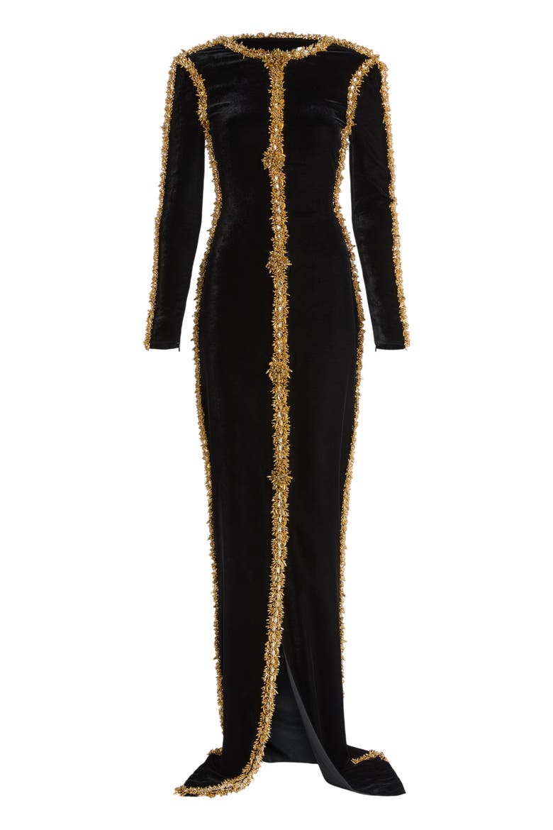 Long Velvet Dress with Embroidered Trim, Alternate, color, black