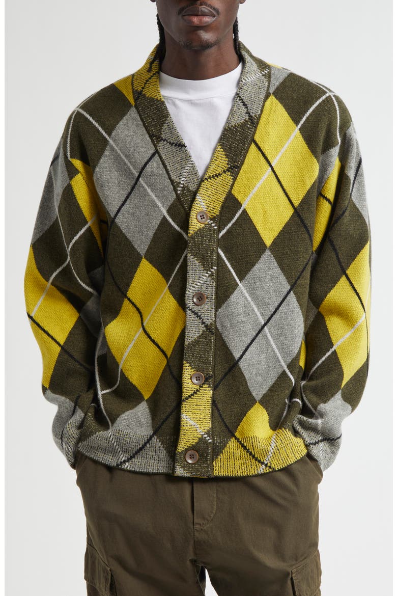 Argyle Jacquard Cashmere Cardigan, Main, color, OLIVE/ YELLOW