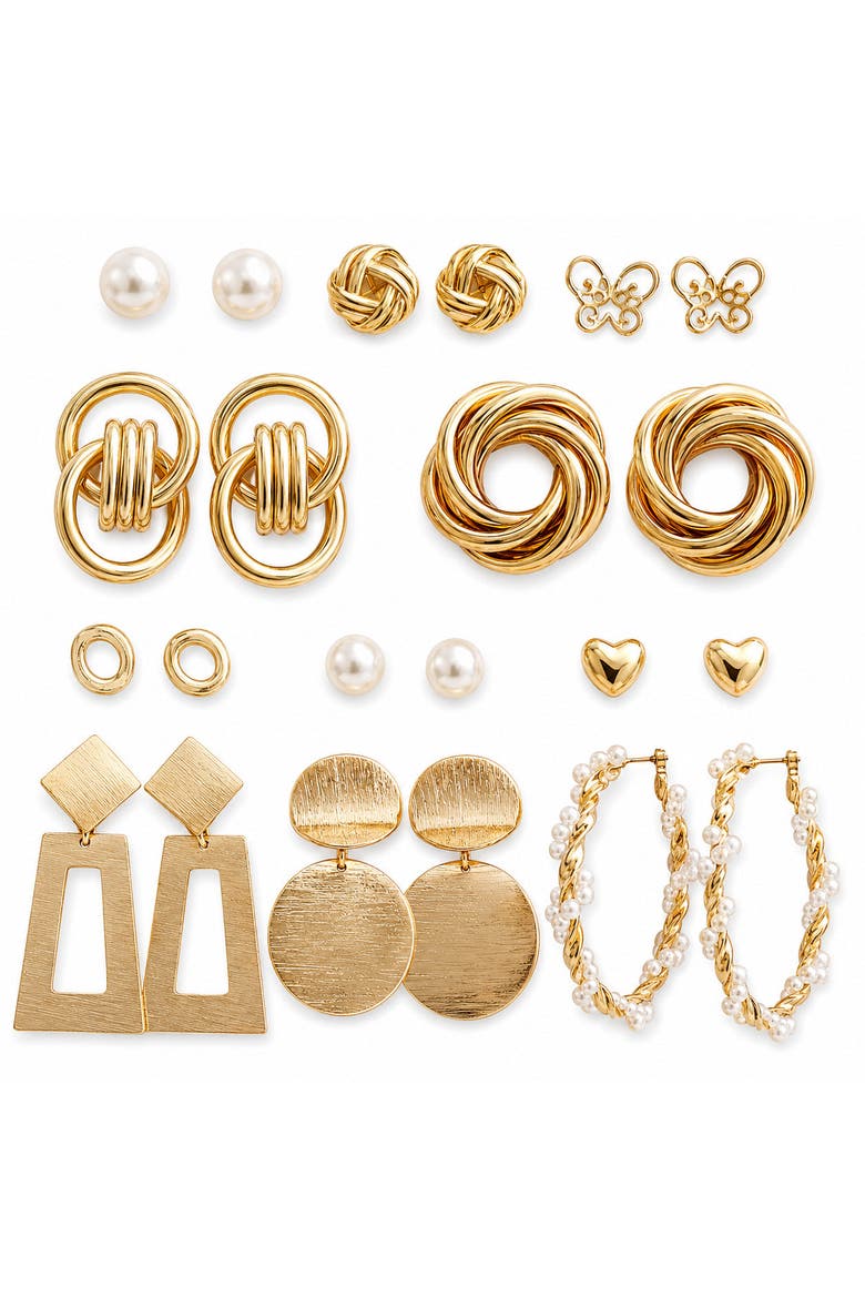 11-Pair 14K Gold-Plated Geometric and Pearl-Look Earring Set, Main, color, Gold/Pearl