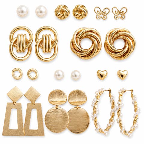 11-Pair 14K Gold-Plated Geometric and Pearl-Look Earring Set