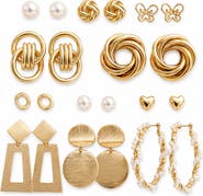 Gemini Jewelry 11-Pair 14K Gold-Plated Geometric and Pearl-Look Earring Set