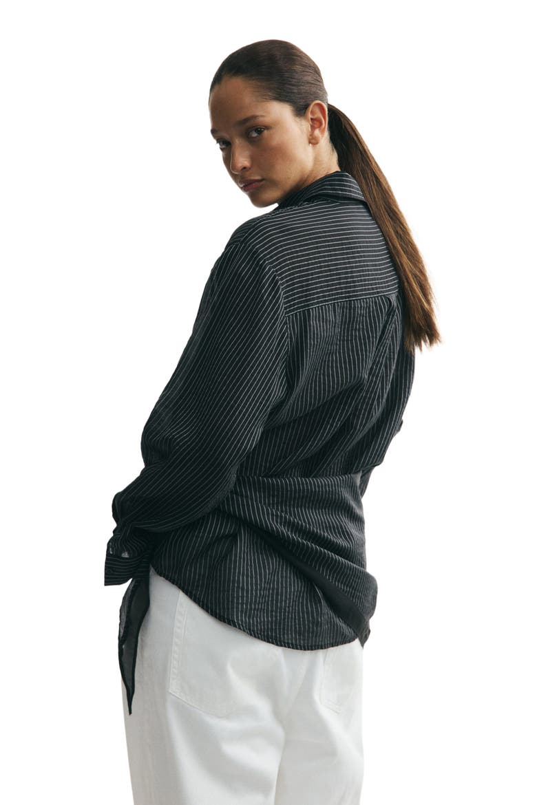 Scarf-detail Shirt, Alternate, color, Black/pinstriped