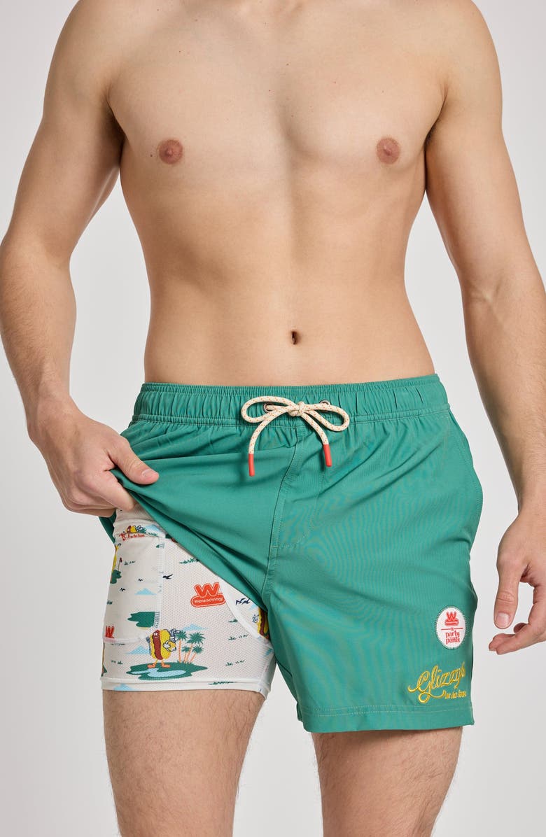 Party Pants x Wienerschnitzel Glizzy On the Green Game Changer Swim Shorts, Alternate, color, Green