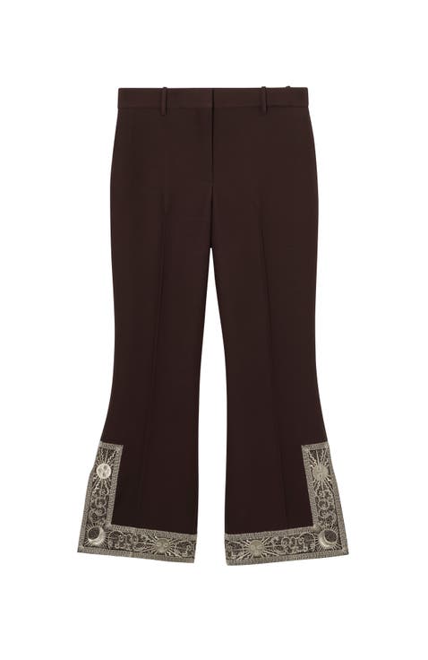 Cropped Embroidered Wool Silk Flared Trousers