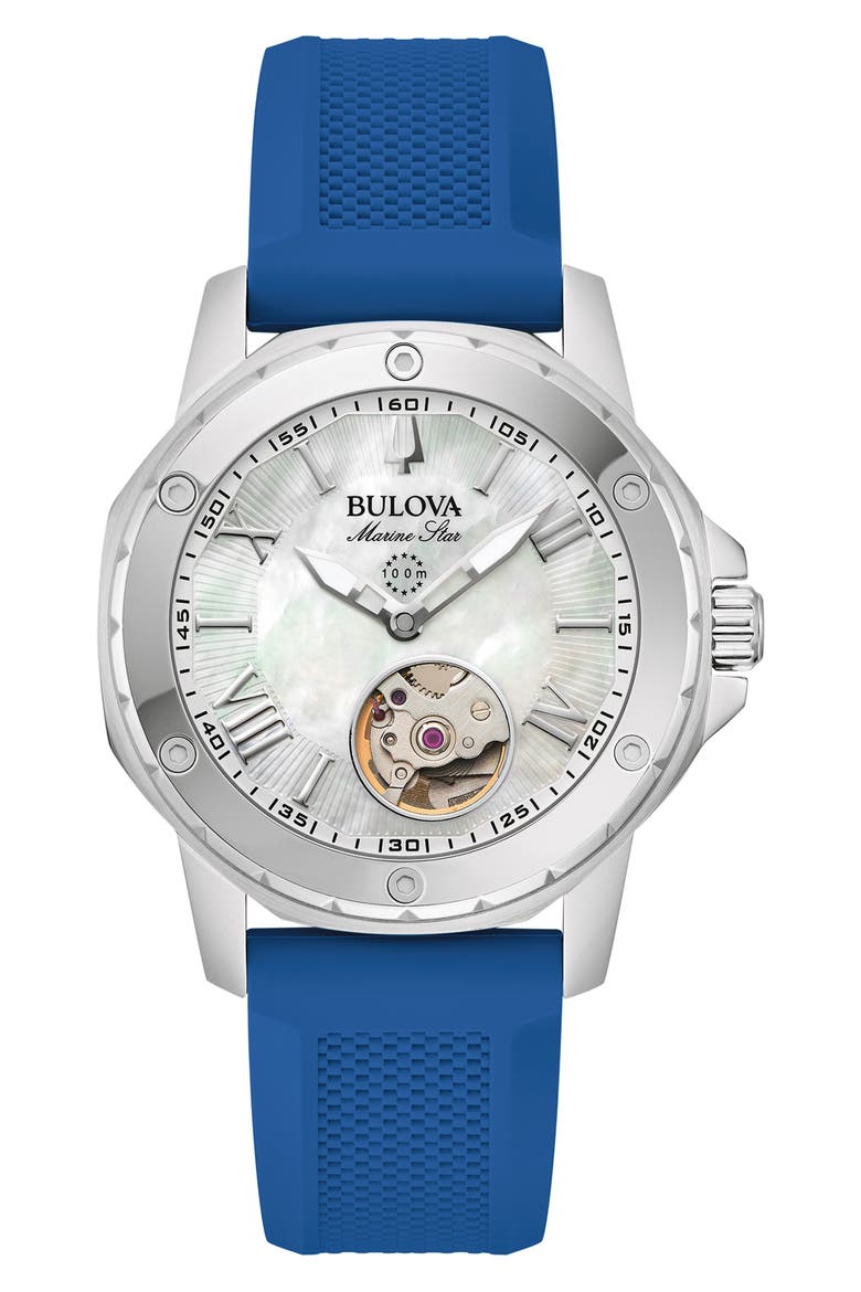Marine Star Silicone Strap Automatic Watch, 35mm, Main, color, BLUE