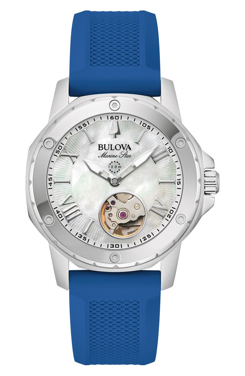BULOVA Marine Star Silicone Strap Automatic Watch, 35mm, Main, color, Blue