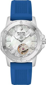 BULOVA Marine Star Silicone Strap Automatic Watch, 35mm