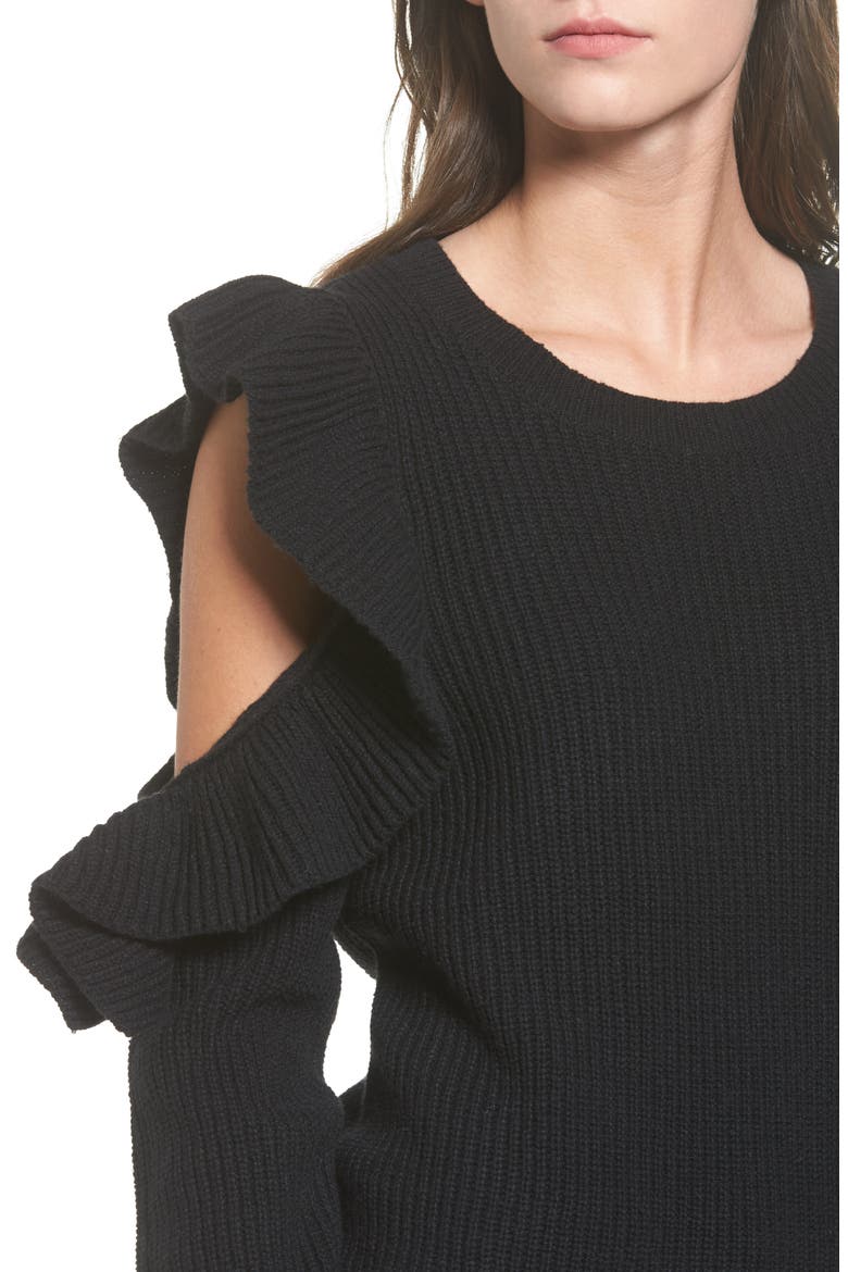 Ruffle Cold Shoulder Sweater, Alternate, color, BLACK