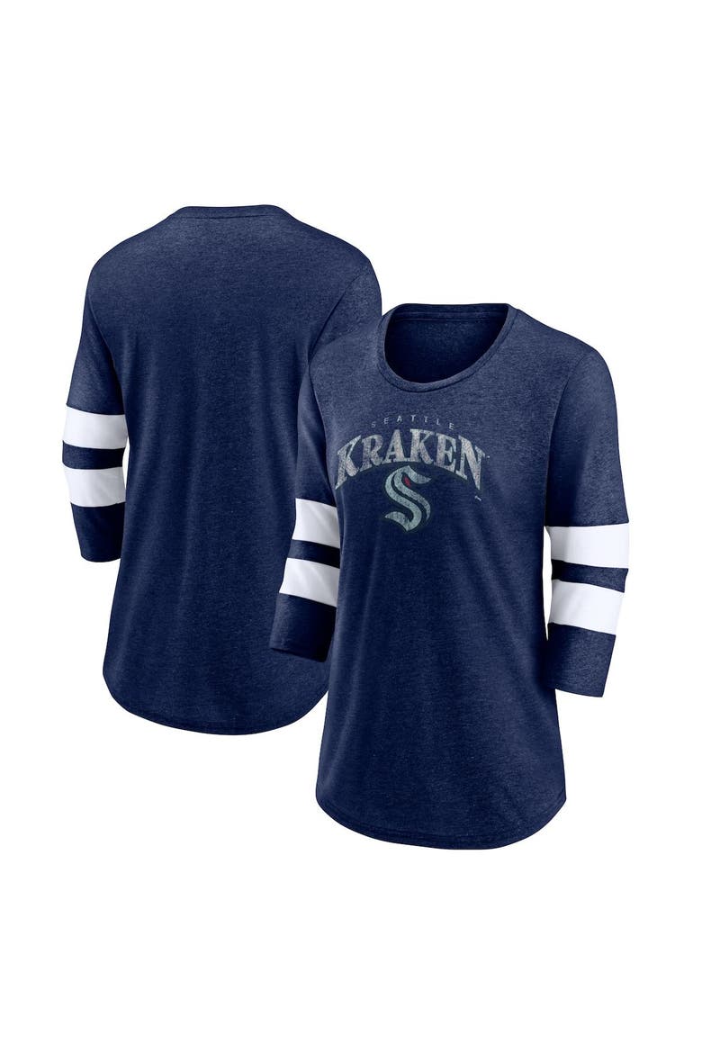 Women's Fanatics Branded Heather Deep Sea Blue Seattle Kraken Special Edition 2.0 Barn Burner 3/4 Sleeve T-Shirt, Alternate, color, Heather Navy