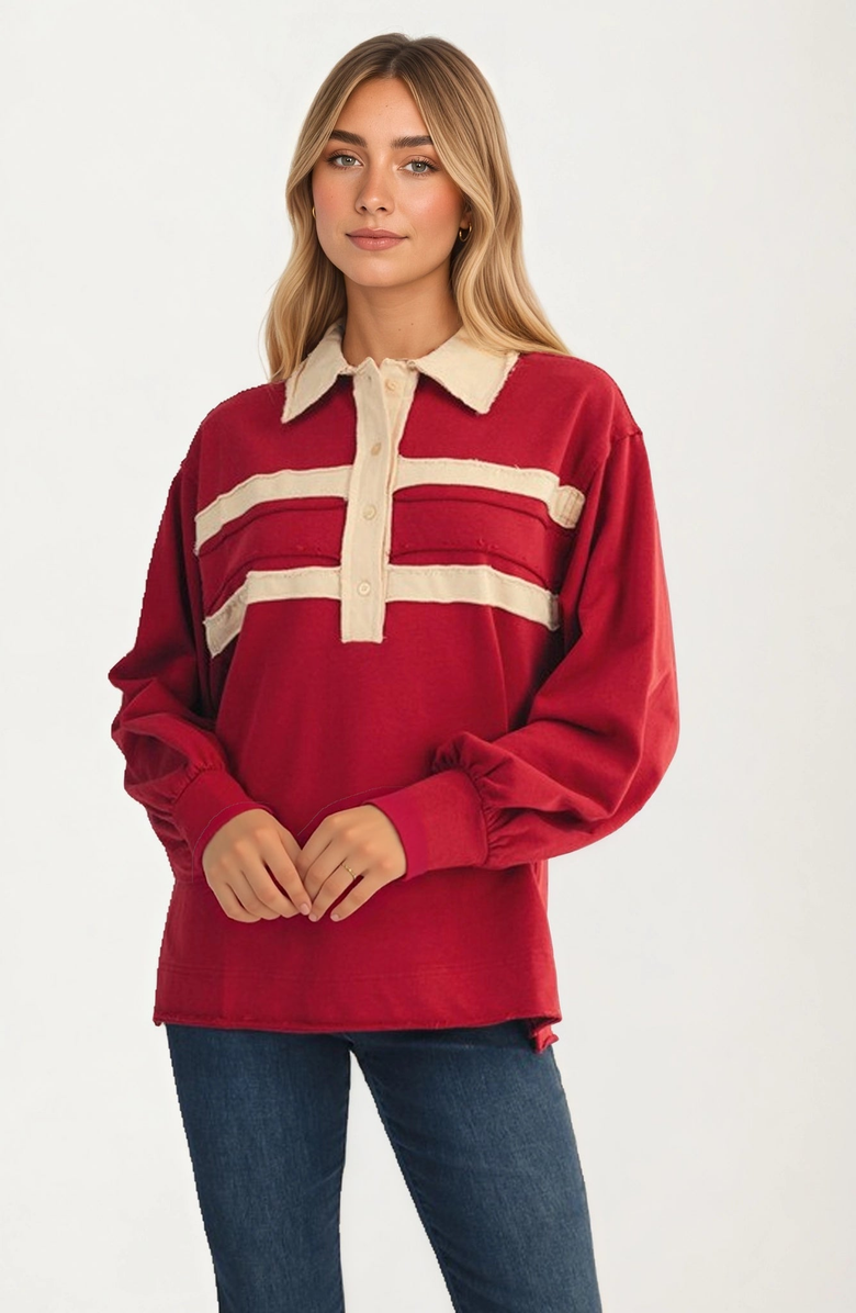 Knit and Lounge Contrast Trim Collared Pullover Top, Alternate, color, Red / Beige