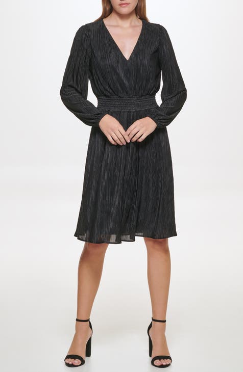 Pleated V-Neck Long Sleeve A-Line Dress