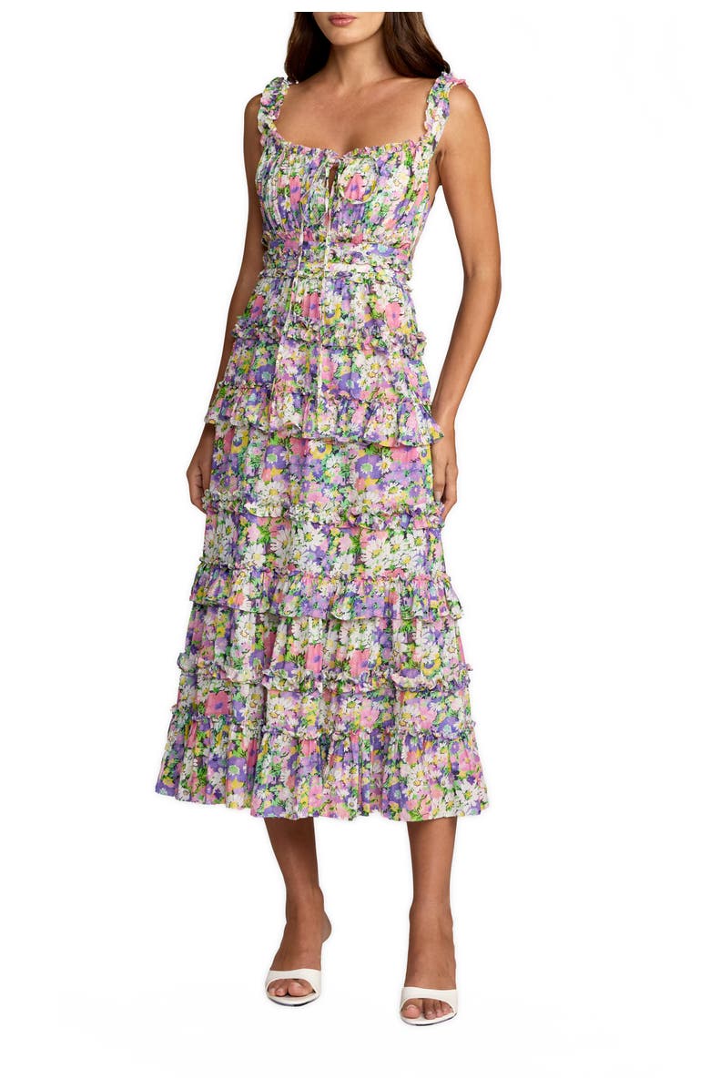 Mac Duggal Vibrant Floral Ruffle A-Line Cotton Midi Dress, Main, color, Multi