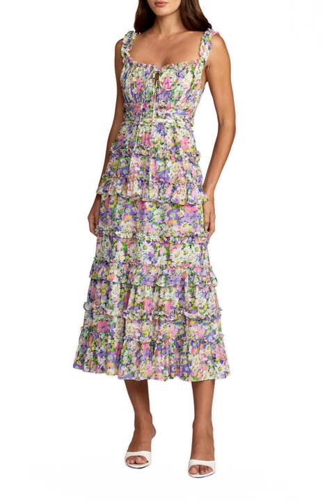 Vibrant Floral Ruffle A-Line Cotton Midi Dress