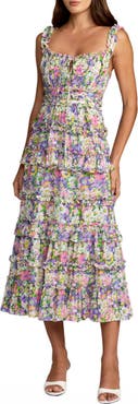 Mac Duggal Vibrant Floral Ruffle A-Line Cotton Midi Dress