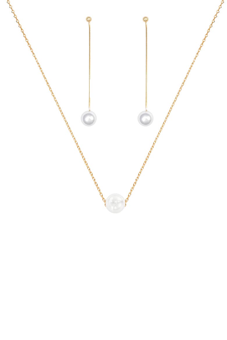 Sterling Silver 18k Gold Plated Abby Single Cultured Pearl Necklace & Dangled Drop Earrings Set Minimalist, Main, color, Gold