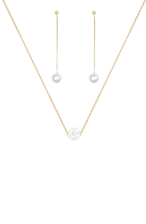Sterling Silver 18k Gold Plated Abby Single Cultured Pearl Necklace & Dangled Drop Earrings Set Holiday Gift Guide