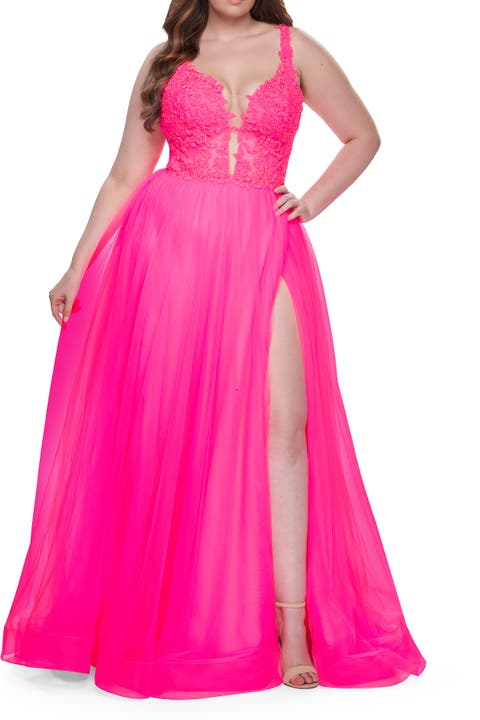 Deep V Plus Size Tulle Dress with Lace Illusion Bodice