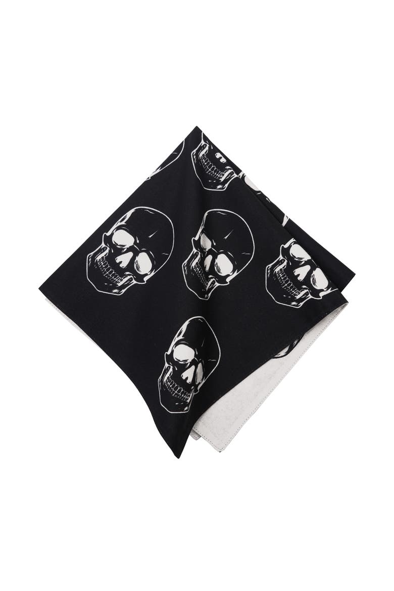 Skully Skeleton Skulls Pattern Motifs Black & White Cotton Halloween Napkins Set of 6, Alternate, color, Black