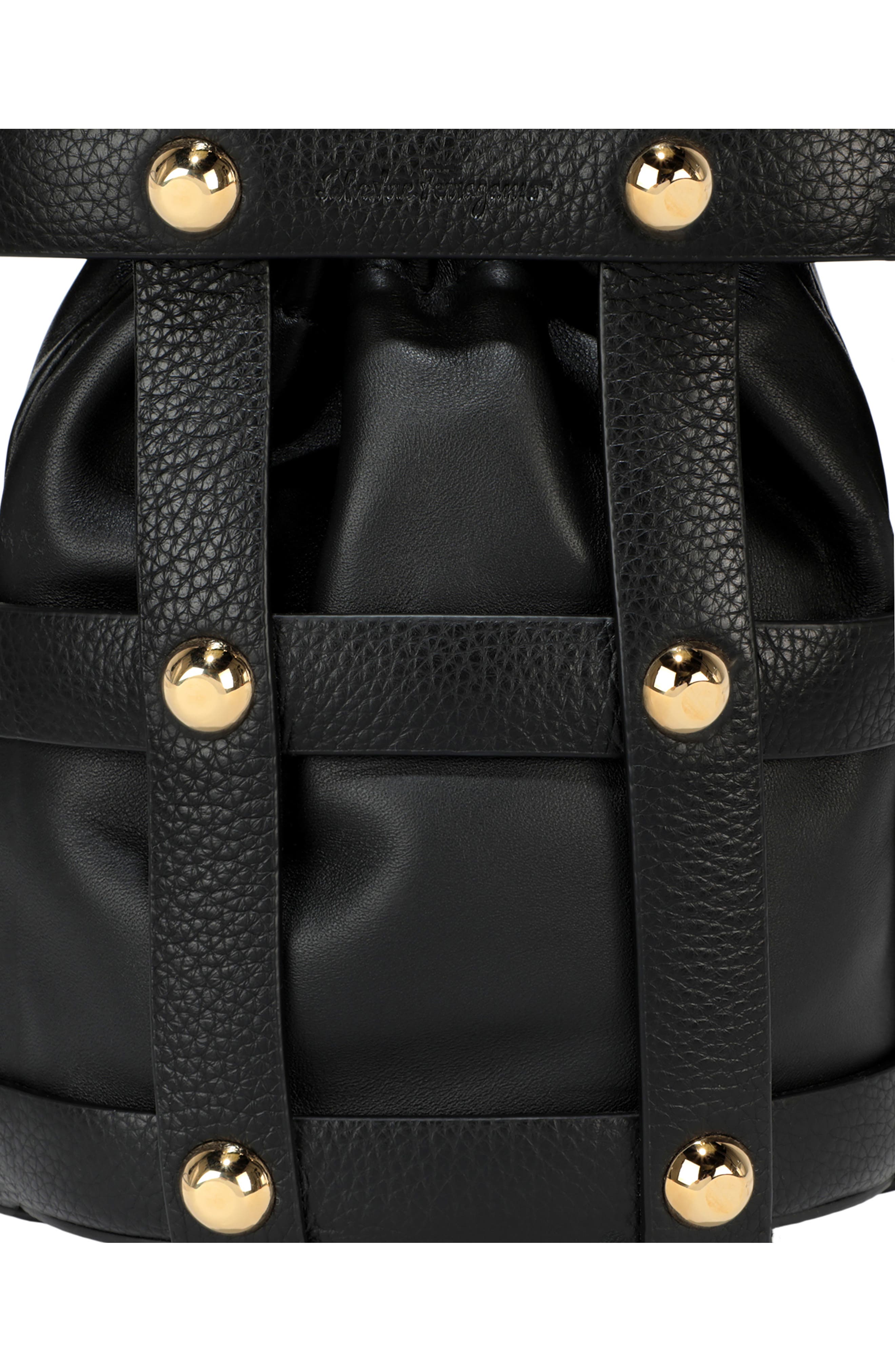 FERRAGAMO Drawstring Leather Shoulder Bag, Alternate, color, Black