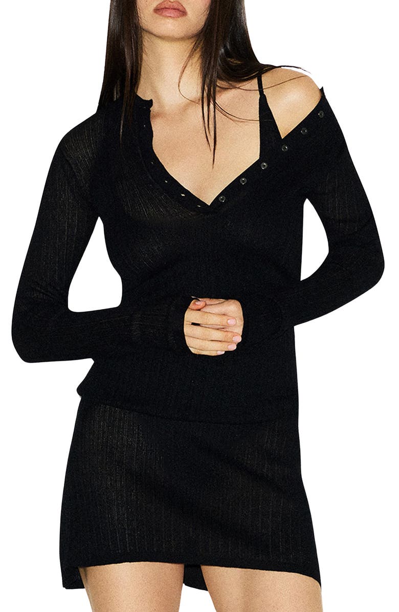SKIMS Sheer Knit Long Sleeve Henley, Main, color, Onyx