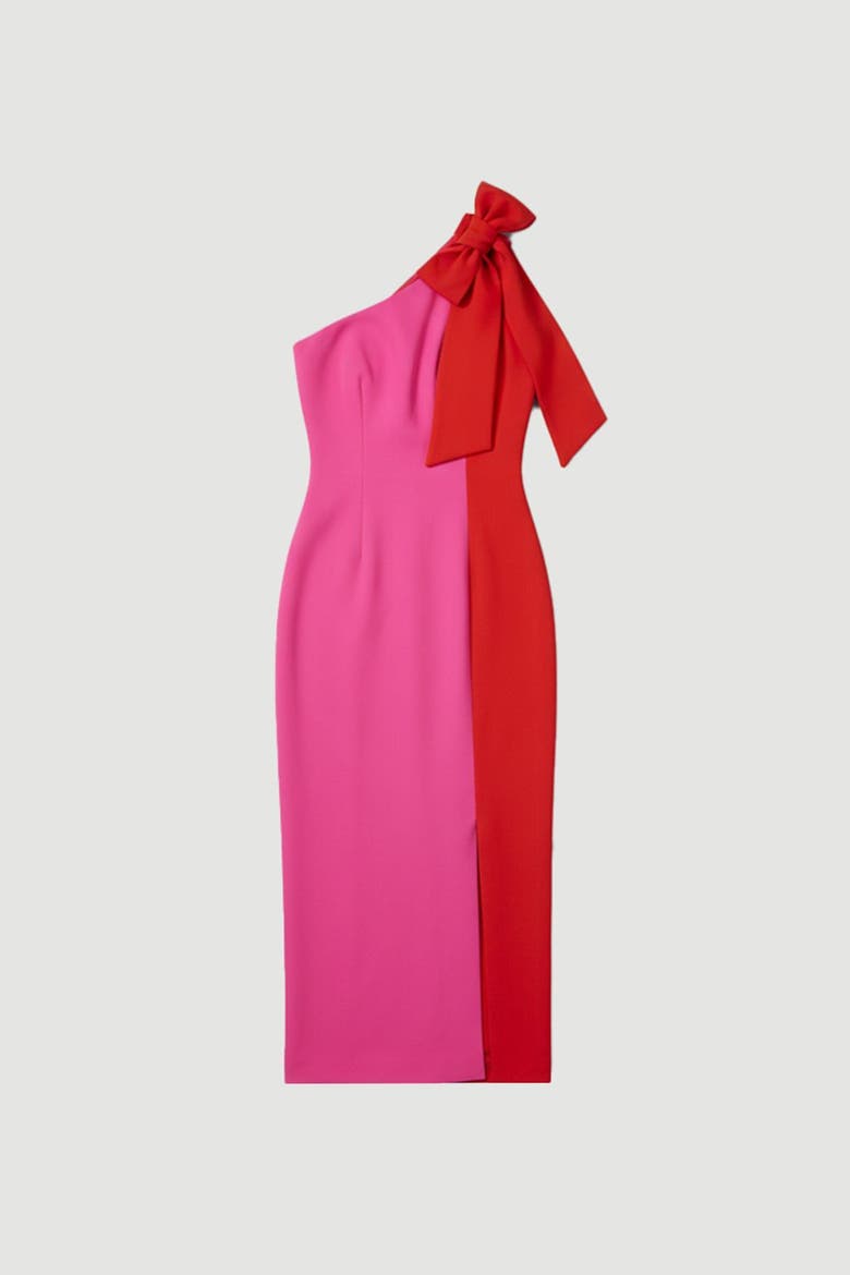 Soft Tailored Bow Tie-Neck Midi Dress, Alternate, color, Pink