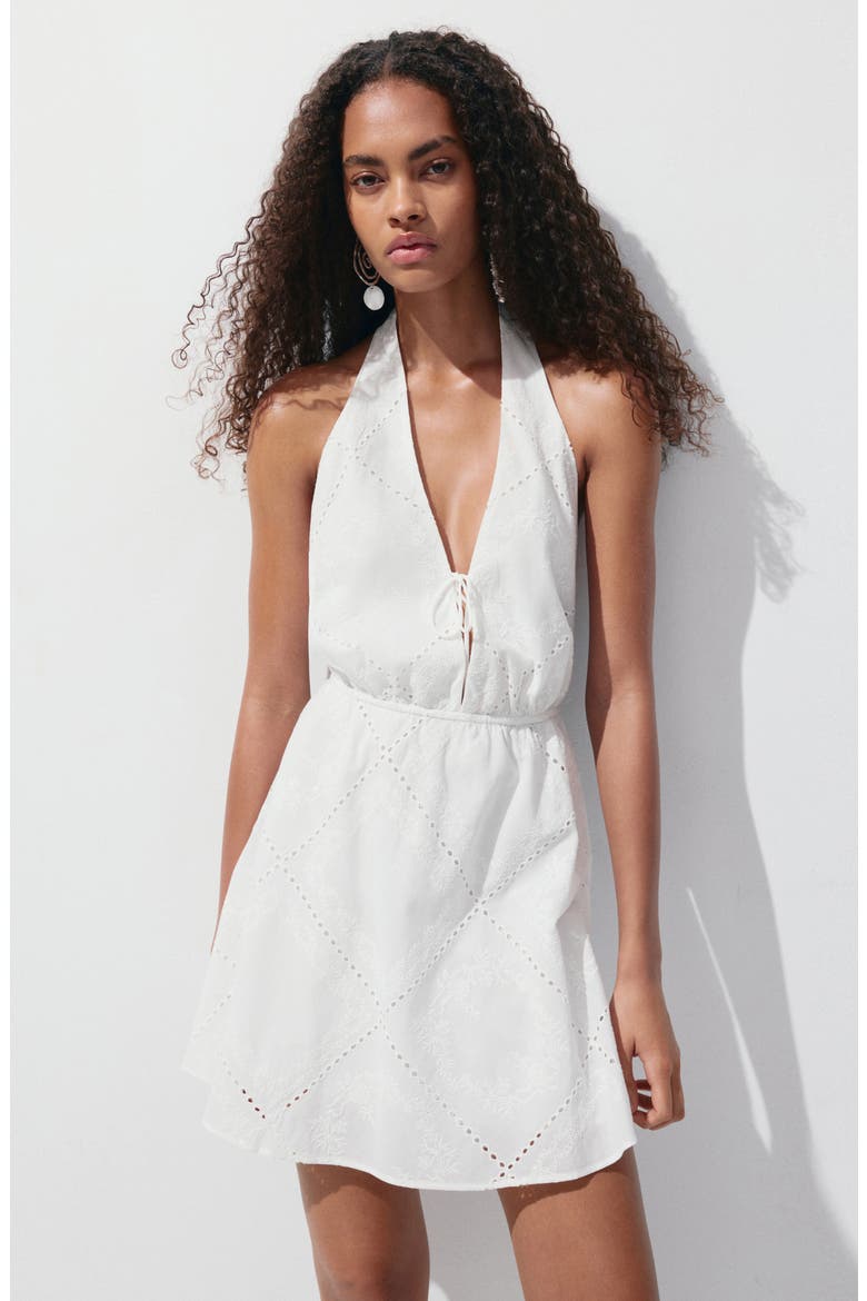 Openwork Embroidered Halter Minidress, Alternate, color, WHITE