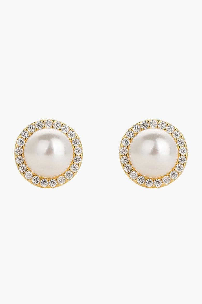 Sterling Silver 18k Gold Plated Eleanor Pearl Stud Earrings Dainty, Main, color, Gold