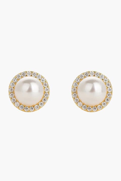 Sterling Silver 18k Gold Plated Eleanor Pearl Stud Earrings Dainty