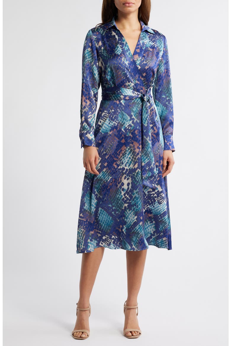 Long Sleeve Hammered Satin Wrap Front Shirtdress, Main, color, INDIGO SNAKE