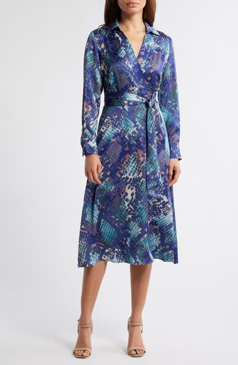 Long Sleeve Hammered Satin Wrap Front Shirtdress