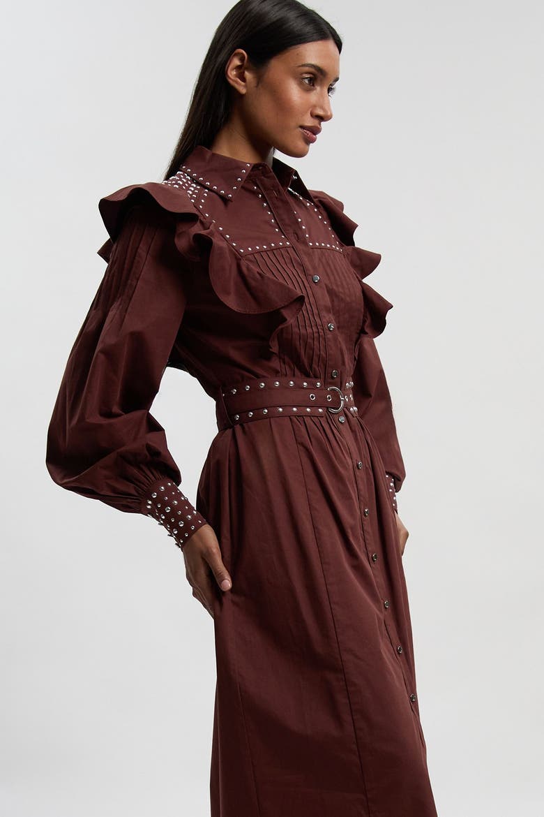 Cotton Studded Maxi Shirt Dress, Alternate, color, Chocolate