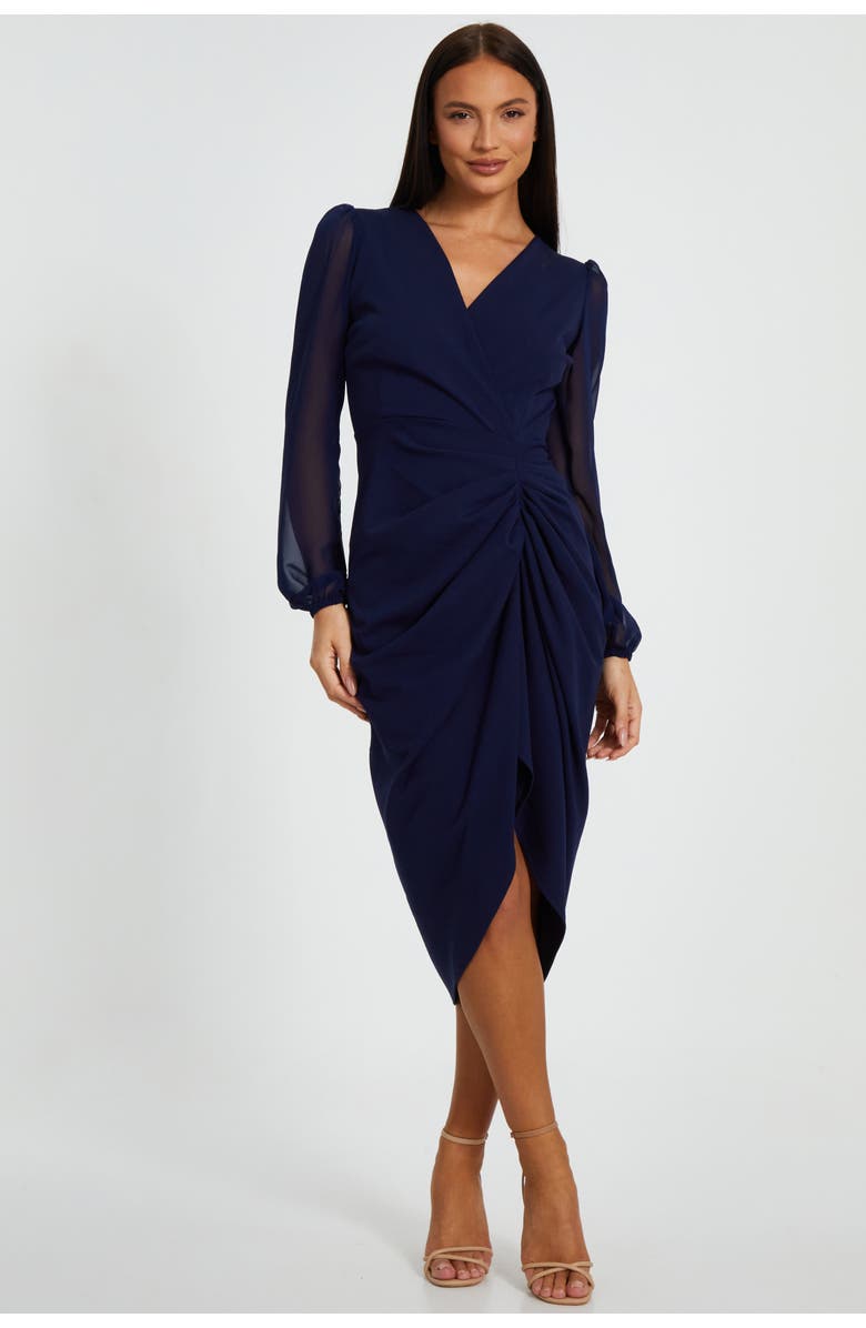 QUIZ Scuba Crepe Front Wrap Chiffon Sleeve Midi Dress, Main, color,