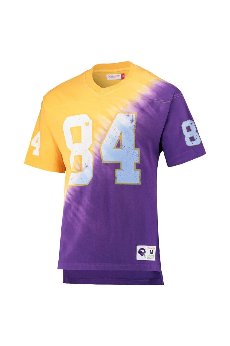 Men's Mitchell & Ness Randy Moss Gold/Purple Minnesota Vikings Retired Player Name & Number Diagonal Tie-Dye V-Neck T-Shirt, Alternate, color, Gold